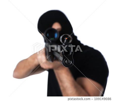 Professional killer with sniper rifle on white background Professional killer with sniper rifle on white background 109149086