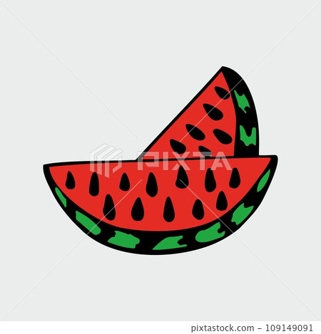 Two slices of watermelon isolated on gray background. Doodle style 109149091