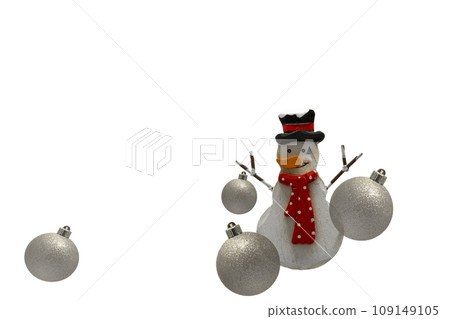 Christmas wooden snowmen with festive ornaments isolated on white background. Merry Christmas and Happy New Year Holidays greeting card, banner, mockup. Traditional winter holiday background. Christmas wooden snowmen with festive ornaments isolated on white background. Merry Christmas and Happy New Year Holidays greeting card, banner, mockup. Traditional winter holiday background. 109149105