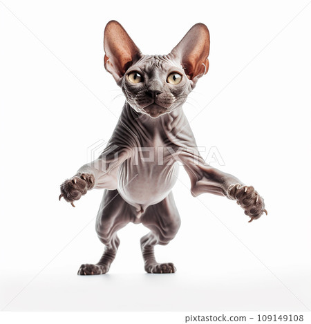 Sphynx cat jumping isolated on white, portrait, close-up, unusual pet Sphynx cat jumping isolated on white, portrait, close-up, unusual pet 109149108