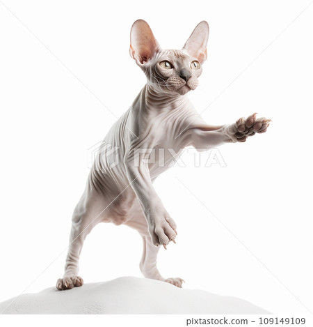 Sphynx cat jumping isolated on white, portrait, close-up, unusual pet 109149109