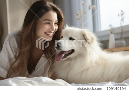 a happy dog with owner happy together 109149194