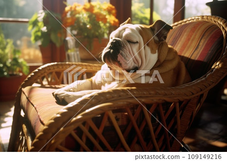 Cute English bulldog lying in a comfortable spot Cute English bulldog lying in a comfortable spot 109149216