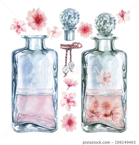 Watercolor pink blooming cherry blossom flowers with glass bottles, perfume, for wedding, birthday, Valentine's Day clipart. Hand drawn drawing for card, border, frame isolated on white background Watercolor pink blooming cherry blossom flowers with glass bottles, perfume, for wedding, birthday, Valentine's Day clipart. Hand drawn drawing for card, border, frame isolated on white background 109149403