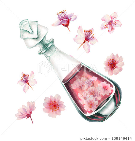 Watercolor pink blooming cherry blossom flowers with glass bottles, perfume, for wedding, birthday, Valentine's Day clipart. Hand drawn drawing for card, border, frame isolated on white background 109149414