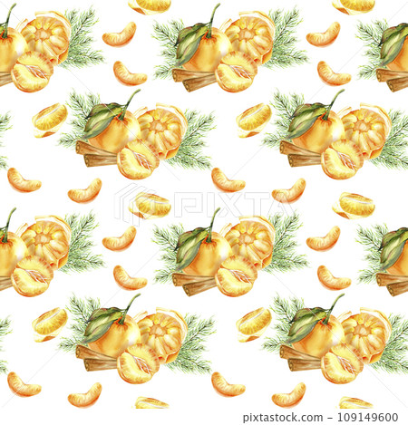 Watercolor Christmas orange tangerines seamless pattern. Hand drawn background with winter citrus fruits and pine branch for packing, label, logo design 109149600