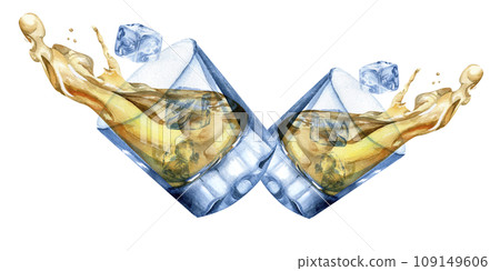 Watercolor hand drawn transparent blue drinking glasses illustration. Glass with yellow liquid in motion and pieces of ice arrangement for bar, restaurant, menu, cocktail design Watercolor hand drawn transparent blue drinking glasses illustration. Glass with yellow liquid in motion and pieces of ice arrangement for bar, restaurant, menu, cocktail design 109149606