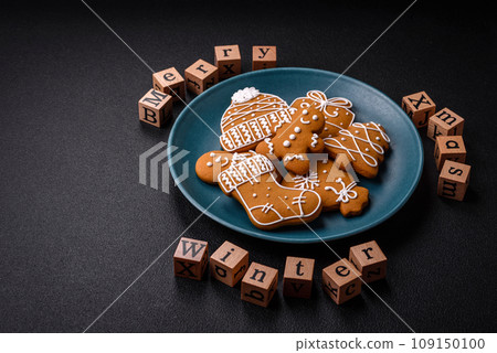 Beautiful Christmas composition with copy space with an inscription in wooden cubes 109150100
