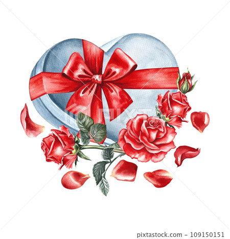 A white heart-shaped gift box with a red bow decorated with roses. Hand-drawn watercolor illustration. For Valentine's day, wedding, birthday. For packaging, flyers, posters and banners, postcards. A white heart-shaped gift box with a red bow decorated with roses. Hand-drawn watercolor illustration. For Valentine's day, wedding, birthday. For packaging, flyers, posters and banners, postcards. 109150151
