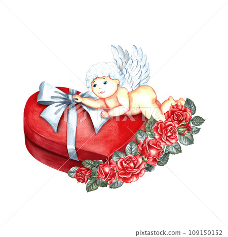 A red heart-shaped gift box with a white bow and a cupid decorated with roses. Hand-drawn watercolor illustration. For Valentine's Day, wedding. For packaging, leaflets, posters and banners, postcard 109150152