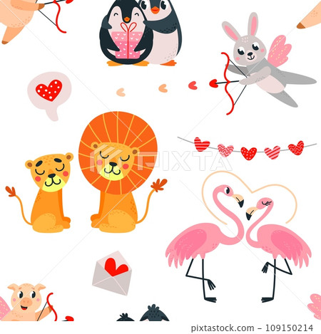 Romantic animals seamless pattern. Cartoon animal in love fabric childish print. Happy valentine day texture with cute wild characters classy vector template 109150214