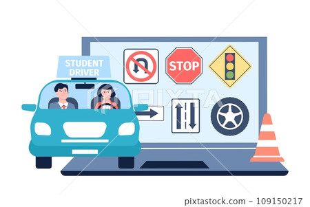 Online driving school. Future driver and instructor in car, rules and road signs on computer screen. Traffic rule, prepare to exam for license recent vector scene 109150217