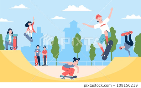 Skateboard park. Teenagers riding skateboards outdoor. Seasonal young boys and girls activity, skateboarders training, recent vector illustration 109150219
