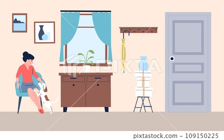 Happy flat woman sitting in welcome zone at home and petting dog. Girl come back from work, interior with chair, door and window, vector scene Happy flat woman sitting in welcome zone at home and petting dog. Girl come back from work, interior with chair, door and window, vector scene 109150225