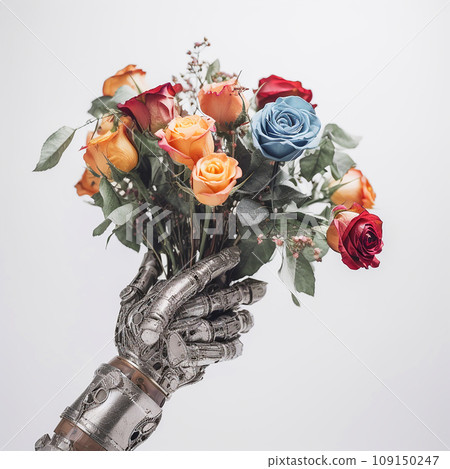 mechanical arm of an android robot holds out a beautiful bouquet of flowers, close-up on white mechanical arm of an android robot holds out a beautiful bouquet of flowers, close-up on white 109150247