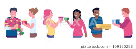 Young men and women give each other gifts. Holiday celebration. Present boxes exchange. Birthday congratulation. Receive prizes. Happy friends take surprises. Festive people vector set Young men and women give each other gifts. Holiday celebration. Present boxes exchange. Birthday congratulation. Receive prizes. Happy friends take surprises. Festive people vector set 109150298
