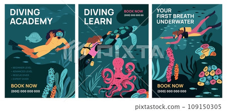 Scuba diving class cards. Advertising banners design. Underwater swimming training. People exploring seabed and admiring corals. Divers course booking. Octopus and turtle Garish vector set 109150305