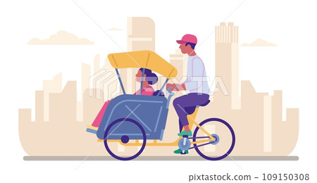 Rickshaw pulling woman. Travel by trishaw. City transportation. Bike vehicle. Man riding tricycle. Pedicab taxi. Passenger bicycle cart. Asian public transport. Biking cab. Vector concept 109150308