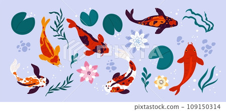 Koi fish and pond elements. Cartoon Japanese carps. Different colors. Decorative flora and fauna top view. Goldfish swimming in lake. Water lily and lotus flowers. Garish vector set 109150314