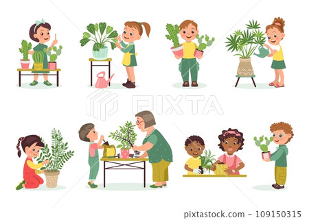 Kids care home plants. Cute children and grandma watering houseplants. People planting and loosening flowers in pots. Indoor succulents. Gardeners growing monstera. Splendid vector set 109150315