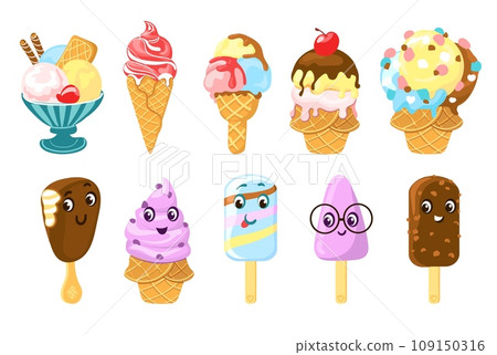 Ice cream with cute faces. Kawaii sweets. Smiling summer desserts. Tasty gelatos. Waffle cones, cups or sticks. Chocolate topping. Refreshing snacks. Cartoon characters. Splendid vector set 109150316
