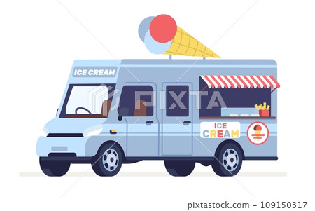 Ice cream truck. Street food automobile van. Cold desserts selling. Park kiosk on wheels. Takeaway cafe. Outdoor transport counter. Refreshing sweets. Wafer cone and awning. Vector concept 109150317