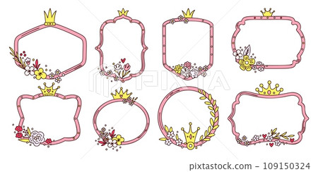 Cute girly frames. Princess decorations with royal crowns and flowers. Love heart. Birthday party. Blooming plants bouquet. Fairytale border shapes. Pink sweet design elements vector set Cute girly frames. Princess decorations with royal crowns and flowers. Love heart. Birthday party. Blooming plants bouquet. Fairytale border shapes. Pink sweet design elements vector set 109150324