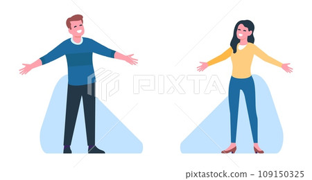 Cheerful man and woman stand with their arms wide open in greeting. Joyful people. Gesture of embrace. Fun and happiness. Outstretched hands. Positive emotion showing. Vector concept Cheerful man and woman stand with their arms wide open in greeting. Joyful people. Gesture of embrace. Fun and happiness. Outstretched hands. Positive emotion showing. Vector concept 109150325