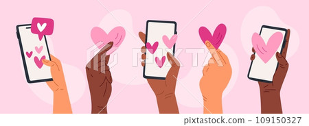 Cartoon hands with phones send hearts. Love and dating application. Remote romantic relationship. Social media network communication. Smartphone chatting. Lovers message. Garish vector set 109150327