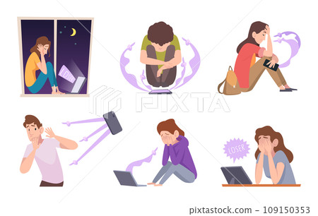 Cyberbullying. Victim of online violence social hate people exact vector cyberbullying concept illustrations Cyberbullying. Victim of online violence social hate people exact vector cyberbullying concept illustrations 109150353