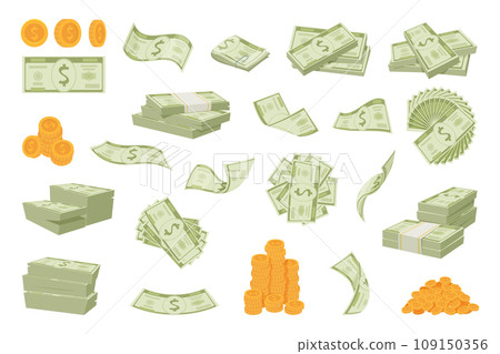Paper money. Stack of different banknotes exact falling money cash exact vector illustrations in cartoon style Paper money. Stack of different banknotes exact falling money cash exact vector illustrations in cartoon style 109150356