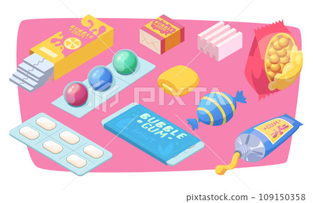 Bubble gum. Colored candies and round gum exact vector delicious junk food for kids 109150358