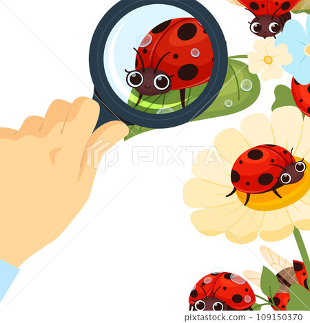 Looking at ladybug. man analyse insects through magnifying glass. vector cartoon background 109150370