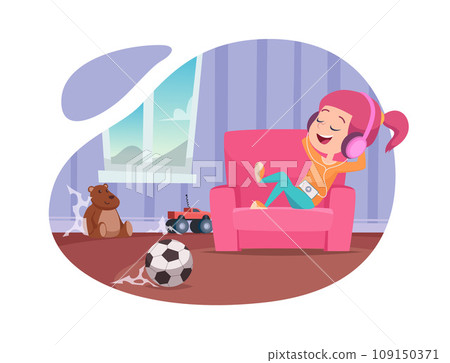 Lazy girl. Character relax on sofa in messy room interior. Vector template Lazy girl. Character relax on sofa in messy room interior. Vector template 109150371
