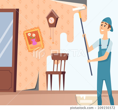Home repair. Renovation processes wall painting. Vector cartoon background Home repair. Renovation processes wall painting. Vector cartoon background 109150372