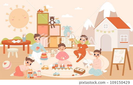 Baby in playroom. Kindergarten or mall or restaurant room for children. Toddlers playing in toys together. Children play in fun game, snugly vector scene Baby in playroom. Kindergarten or mall or restaurant room for children. Toddlers playing in toys together. Children play in fun game, snugly vector scene 109150429