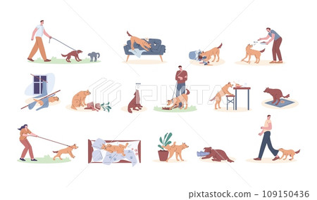 Pet behavior problems. Dogs destroying home, aggressive and naughty pets. Dog pulling leash and barking, whining at night and stealing, kicky vector scene Pet behavior problems. Dogs destroying home, aggressive and naughty pets. Dog pulling leash and barking, whining at night and stealing, kicky vector scene 109150436