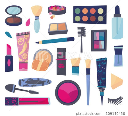 Makeup elements isolated doodle icons. Cosmetics products, female beauty collection. Lipstick, brushes and shadows, mascara tube, neoteric vector set 109150438
