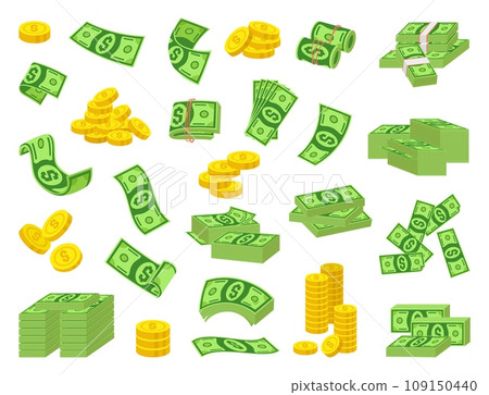 Isolated cartoon money coins and banknotes. Dollars pile and stack, fan and flying. Dollar bill collection, banking and investment neoteric vector set 109150440
