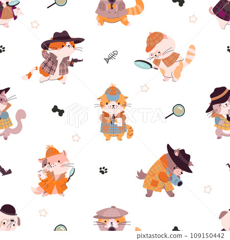 Animal detectives. Cute cartoon cats investigation, kitty wear costumes and looking evidence. Funny childish fabric print, nowaday vector background 109150442