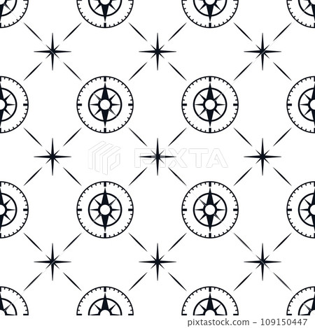 Compass seamless pattern. Monochrome marine texture, decorative nautical mood fabric texture with wind rose. Sea or ocean classic decent vector background 109150447
