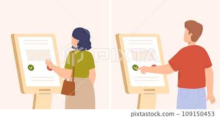 Buy or pay in postamat. Man woman stand at auto screen, banking or ticket buying. Simple digital or electronic service for people, vector characters 109150453