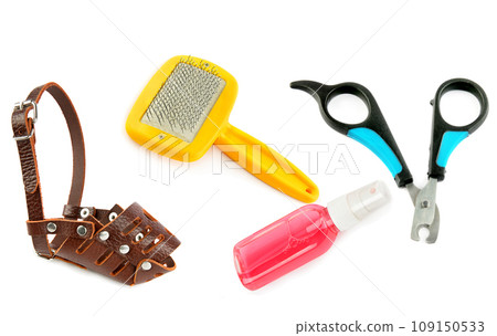 Dog muzzle, nail clipper, slicker and shampoo isolated on a white background. Collage. 109150533
