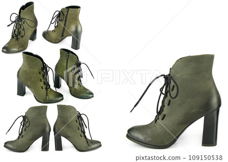 Elegant ankle boots isolated on white. Collage. Free space for text. 109150538