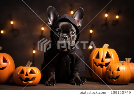 French bulldog on pumpkin costume, solid background, Halloween. Generative AI 109150749