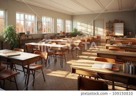 Empty class room with windows and desks, in the style of sun rays shine upon. Generative AI 109150810