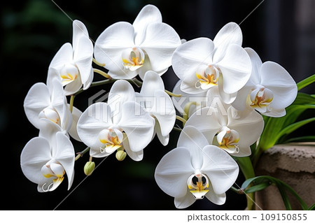 White Phalaenopsis orchid bellflowers photograph. Generative AI 109150855
