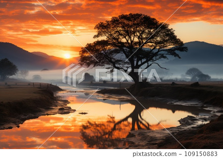 Beautiful sunrise in a rural village in the morning. Generative AI 109150883