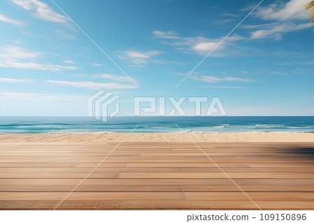 Wooden deck floor on the background of the sea and blue sky background. Generative AI Wooden deck floor on the background of the sea and blue sky background. Generative AI 109150896