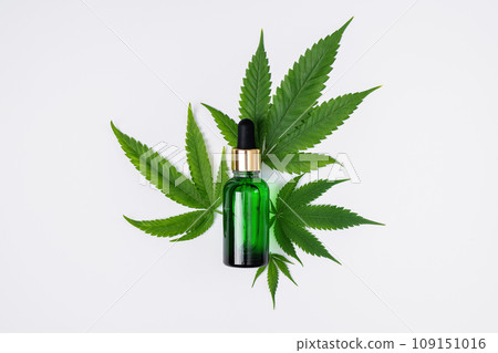 Cannabis oil and hemp leaf on white background, flat lay. Hemp CBD oil  for skin care. 109151016